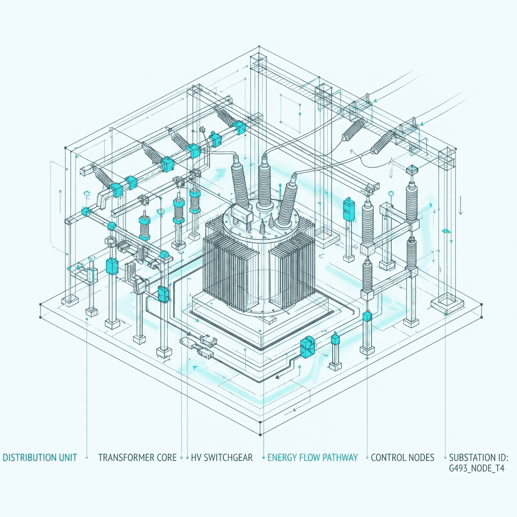 Abstract technical illustration of a power grid transformer component
